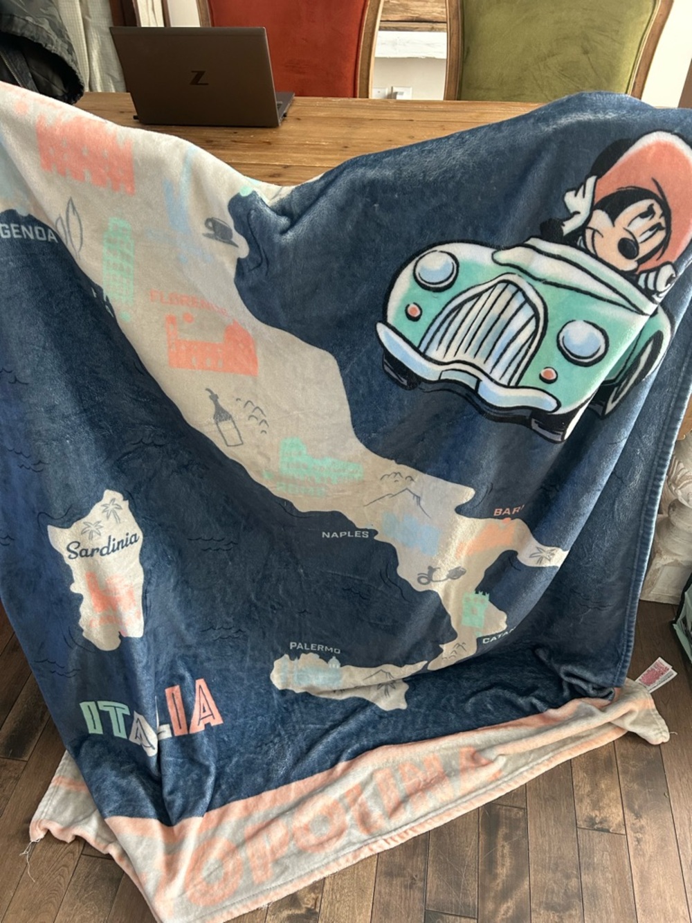Cartoon Car Italy Map Plush Throw Blanket - Navy, Mint & Peach